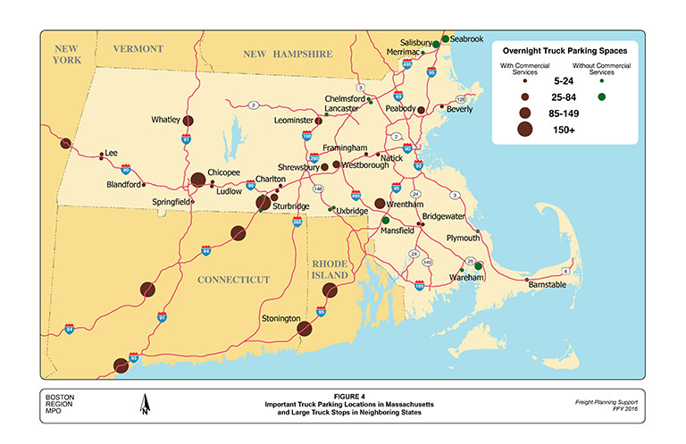 This figure is a map of Lower New England which shows commercial truck stops and public on-highway rest areas and indicates the truck parking capacity at these locations. 